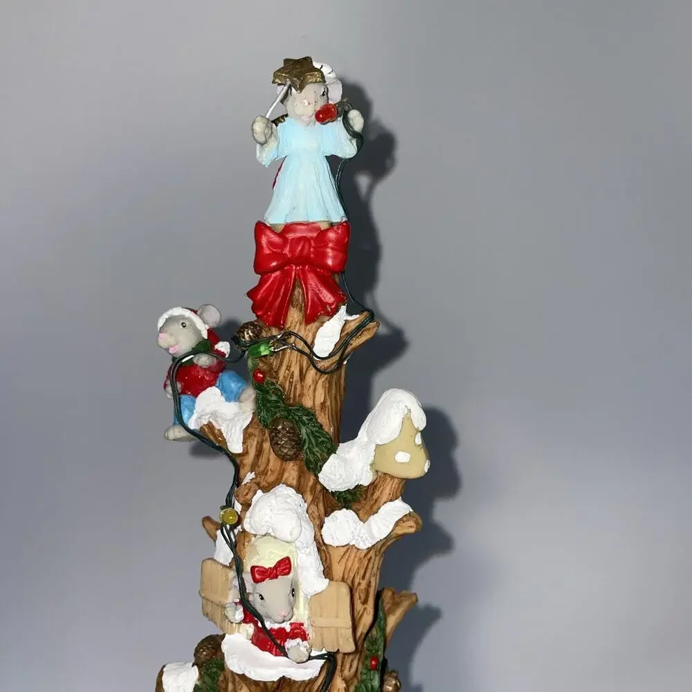 Vintage Christmas Mouse Family Pencil Tree House Musical and Lighted